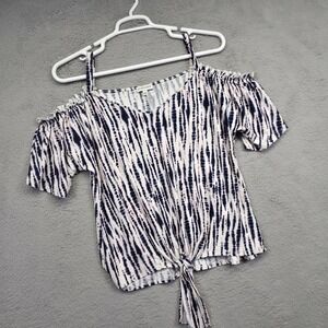 Luxology Top Womens L Blue White Cold Shoulder‎ Ruffle Tie Hem Tie Dye Stretch